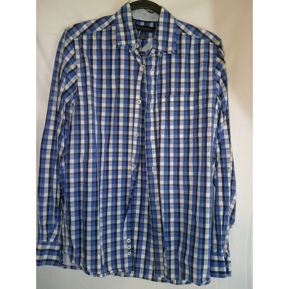 Vintage Tommy Hilfiger Mens XS Blue Plaid Long Sleeve Button Down Shirt